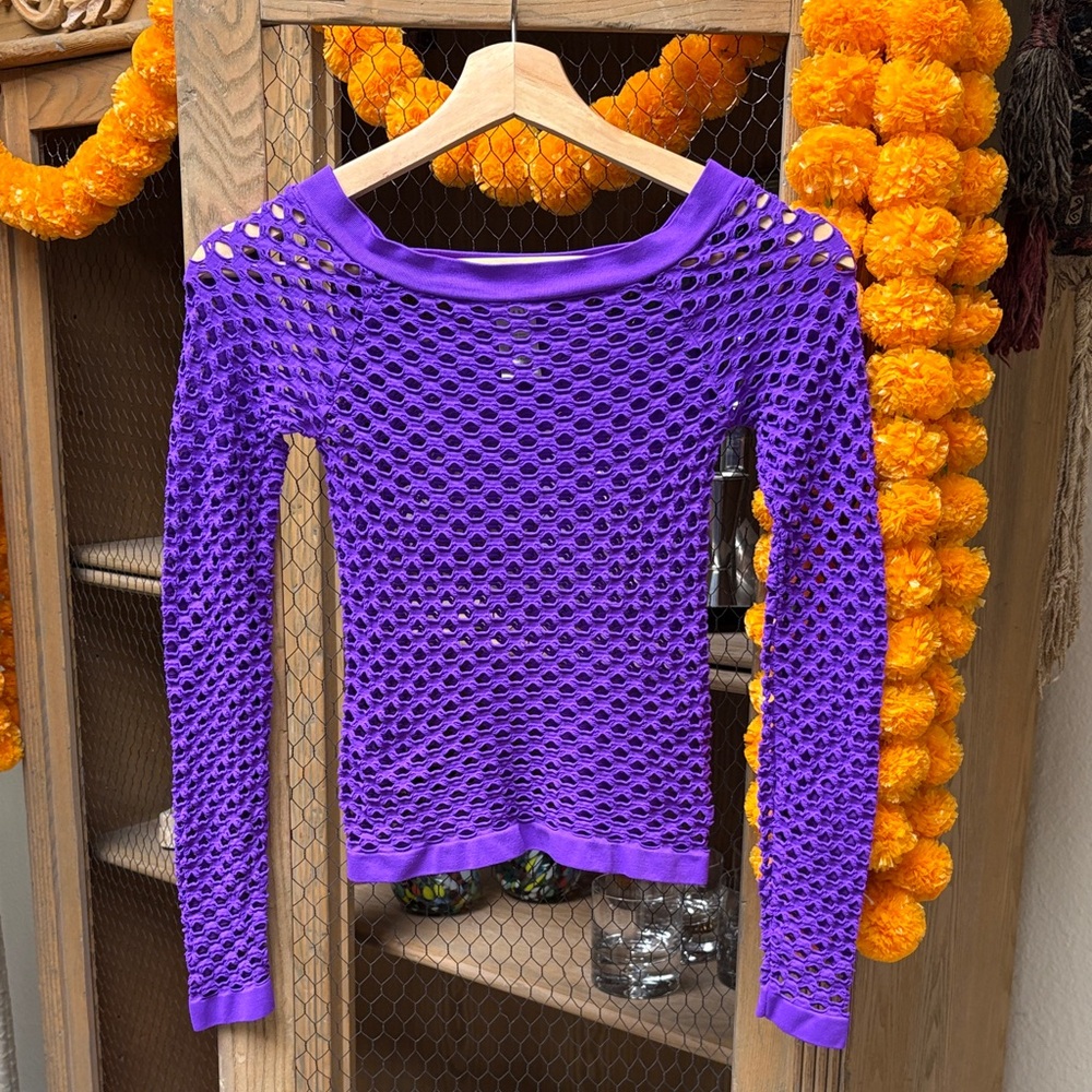 Kurve Stretchy Fishnet Long Sleeve Top in Neon Purple
